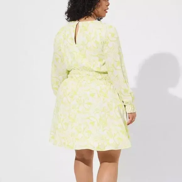 Torrid Yellow Green Floral Mini Wash Gauze Wide Waist Skater Dress 2X  40261123
